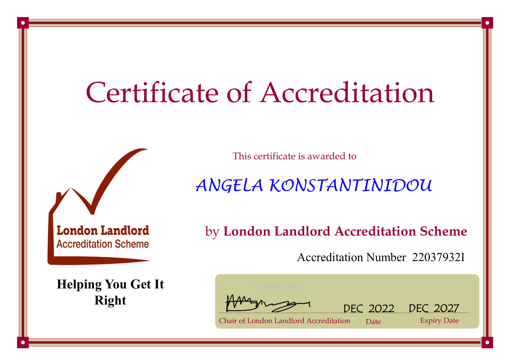 Angela LLAS Accreditation expiring December 2027