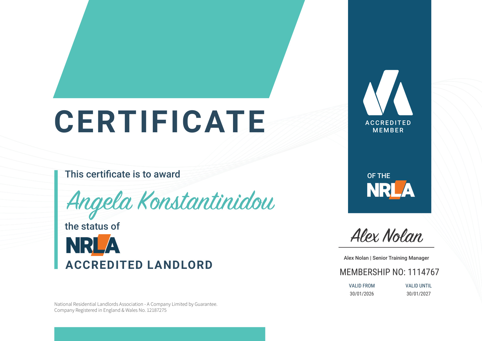 Angela NRLA Accreditation valid until 30 January 2027