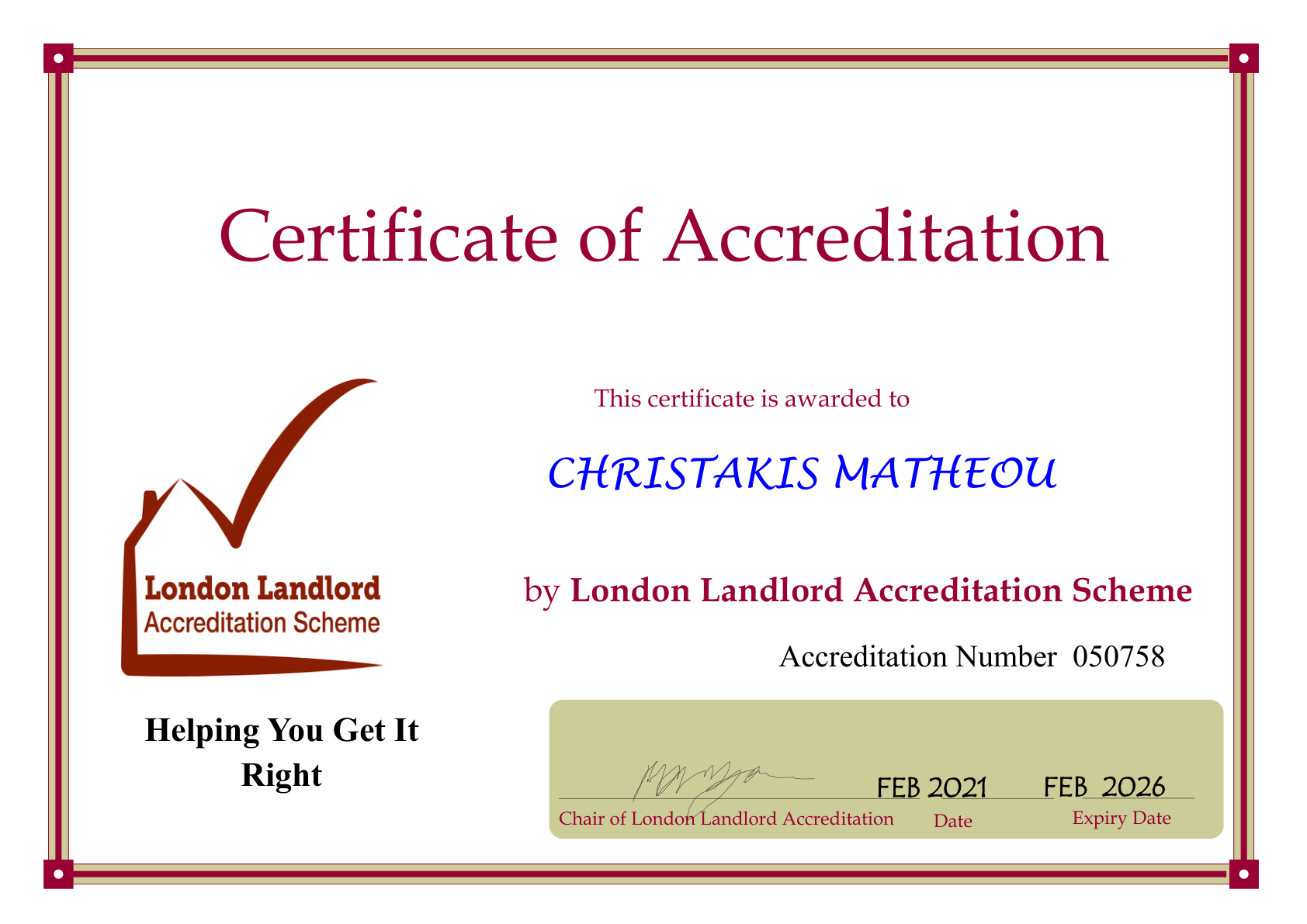 Chris LLAS Accreditation expiring February 2026