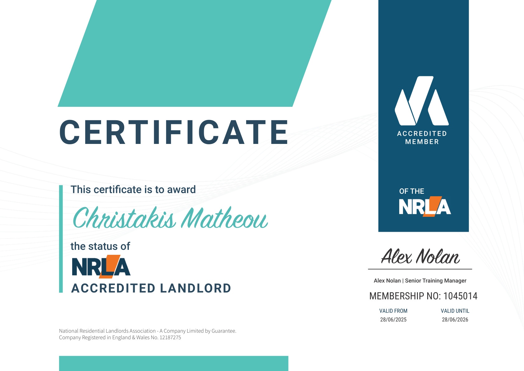 Chris NRLA Accreditation valid until 28 June 2026